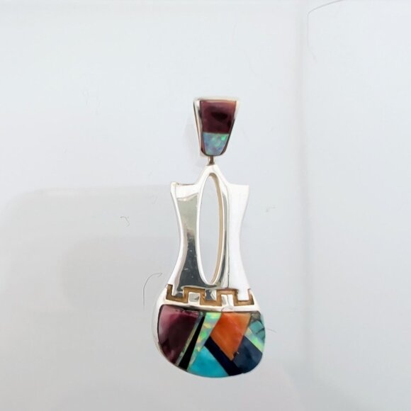 Navajo Wedding Vase Style Sterling Silver & Multicolor Inlay Pendant - Picture 2 of 10